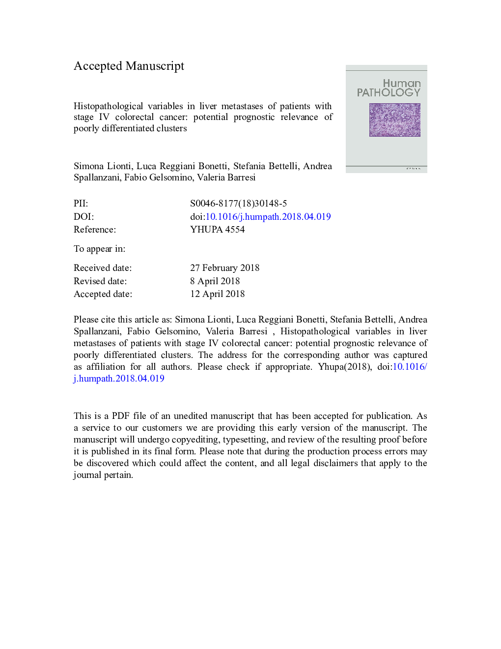عکس صفحه اول مقاله: Histopathological variables in liver metastases of patients with stage IV colorectal cancer: potential prognostic relevance of poorly differentiated clusters Histopathological variables in liver metastases of patients with stage IV colorectal cancer: potential prognostic relevance of poorly differentiated clusters