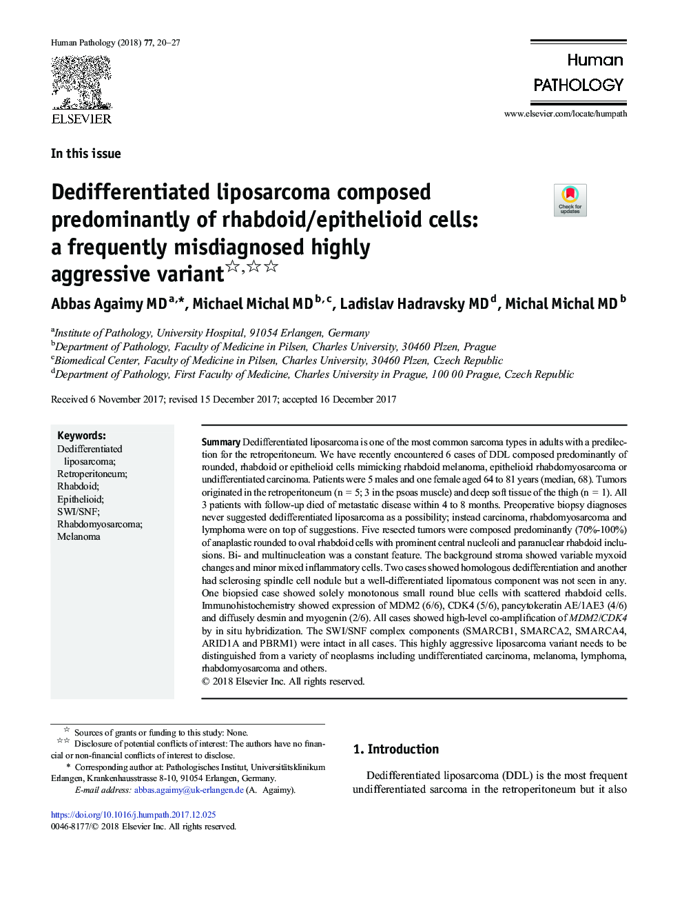 Dedifferentiated liposarcoma composed predominantly of rhabdoid/epithelioid cells: a frequently misdiagnosed highly aggressive variant