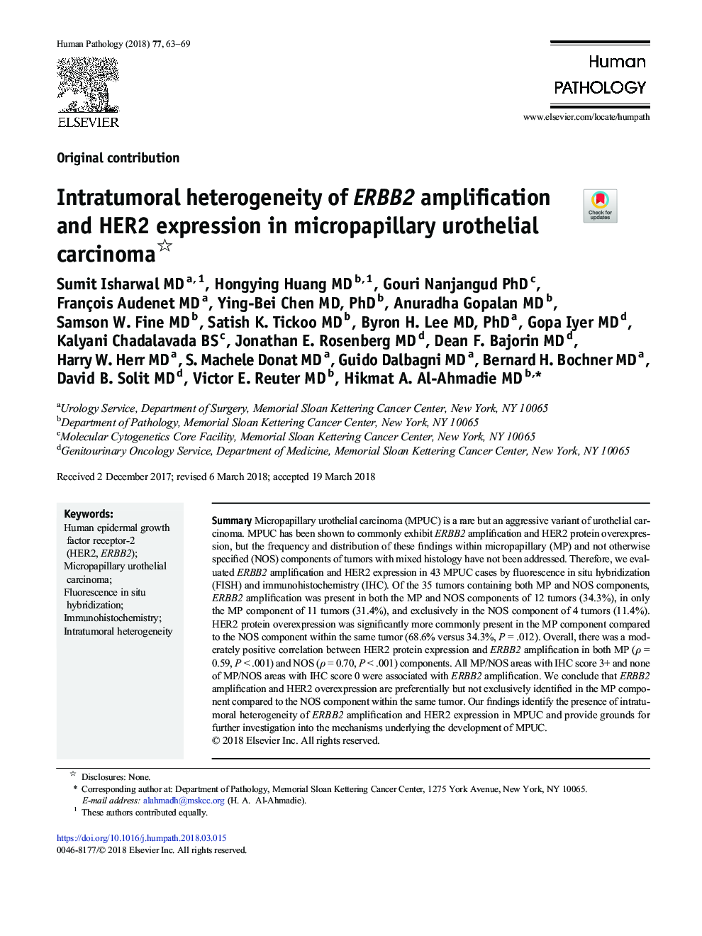 Intratumoral heterogeneity of ERBB2 amplification and HER2 expression in micropapillary urothelial carcinoma