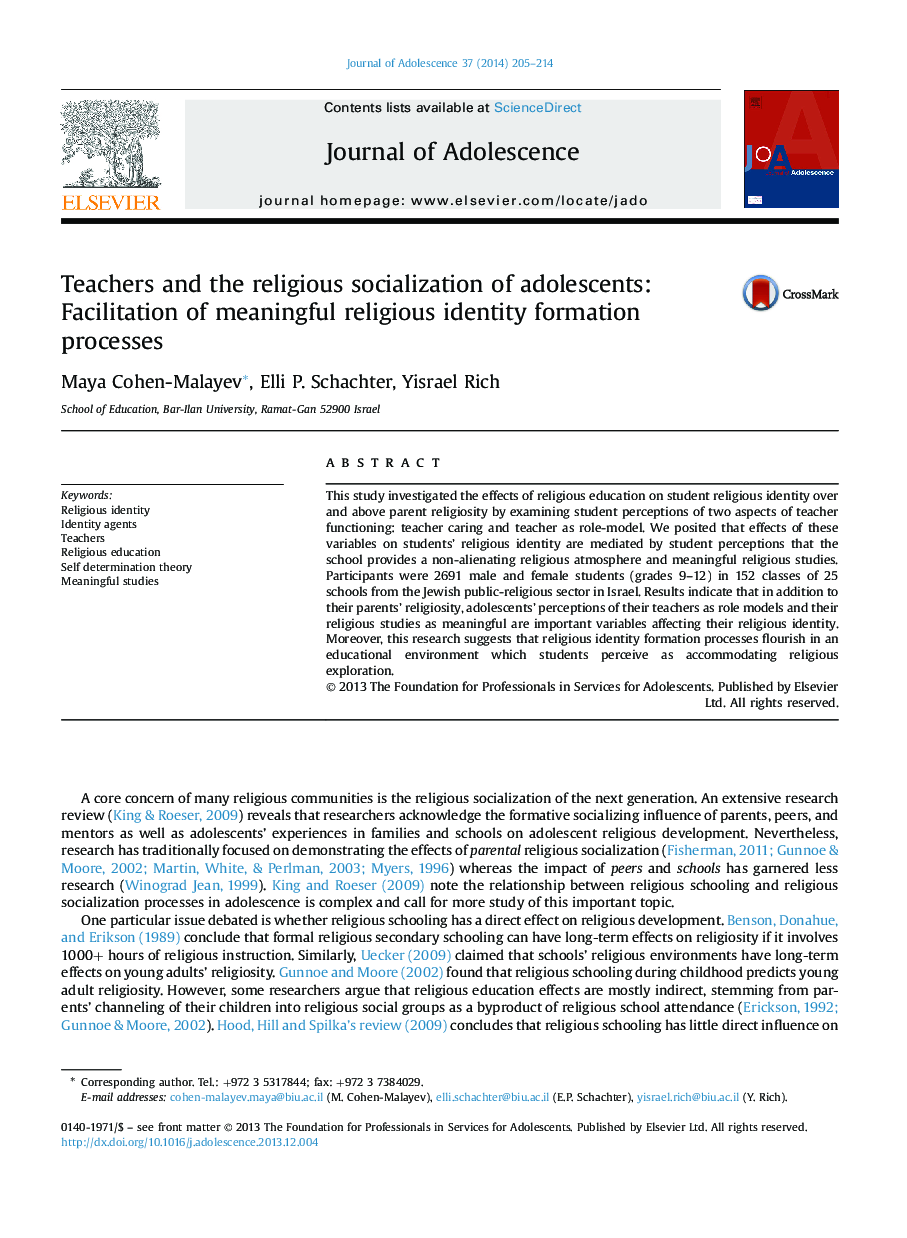 Teachers and the religious socialization of adolescents: Facilitation of meaningful religious identity formation processes