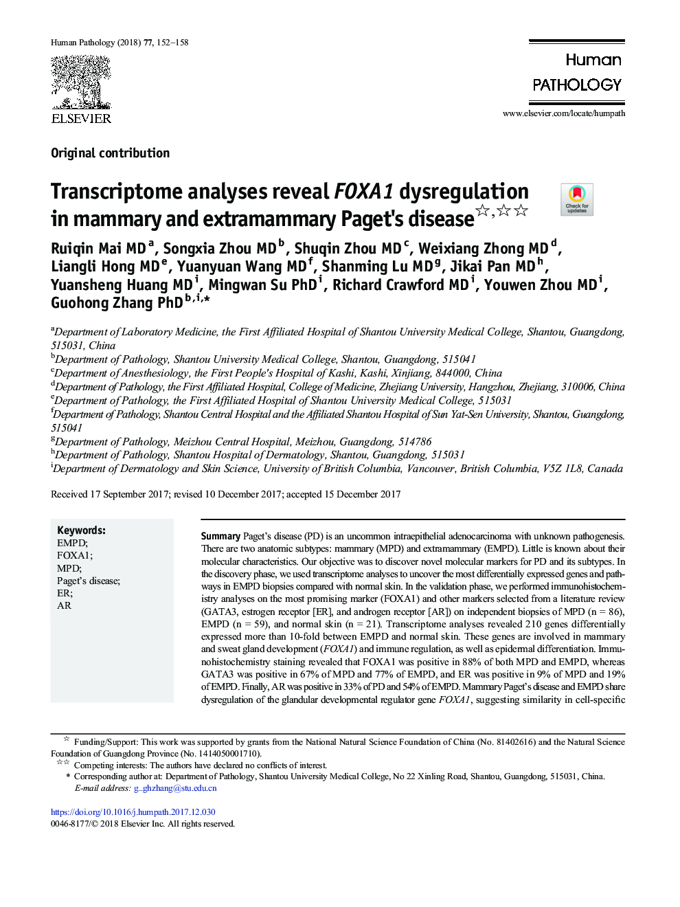 Transcriptome analyses reveal FOXA1 dysregulation in mammary and extramammary Paget's disease