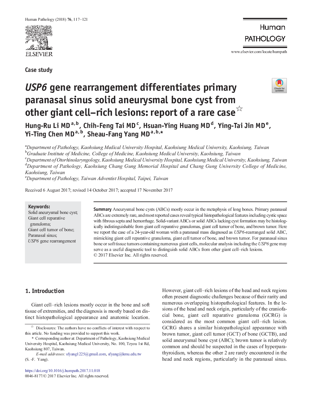 USP6 gene rearrangement differentiates primary paranasal sinus solid aneurysmal bone cyst from other giant cell-rich lesions: report of a rare case