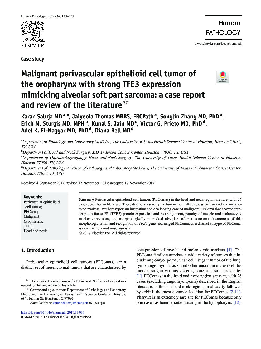 Malignant perivascular epithelioid cell tumor of the oropharynx with strong TFE3 expression mimicking alveolar soft part sarcoma: a case report and review of the literature
