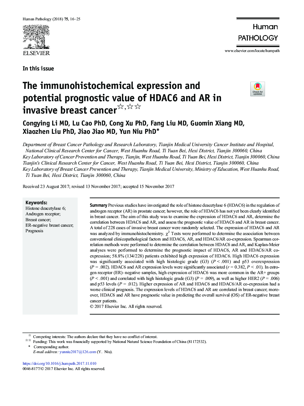 The immunohistochemical expression and potential prognostic value of HDAC6 and AR in invasive breast cancer