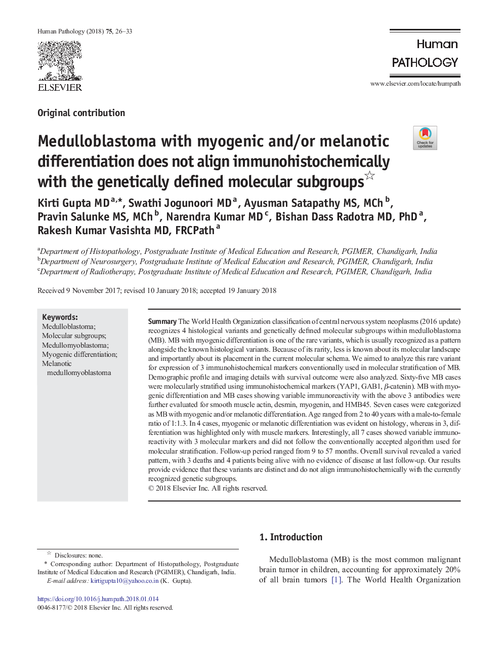 Medulloblastoma with myogenic and/or melanotic differentiation does not align immunohistochemically with the genetically defined molecular subgroups