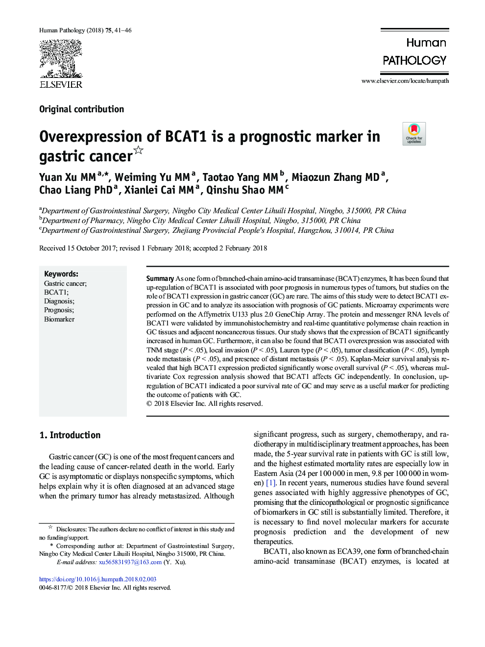 Overexpression of BCAT1 is a prognostic marker in gastric cancer