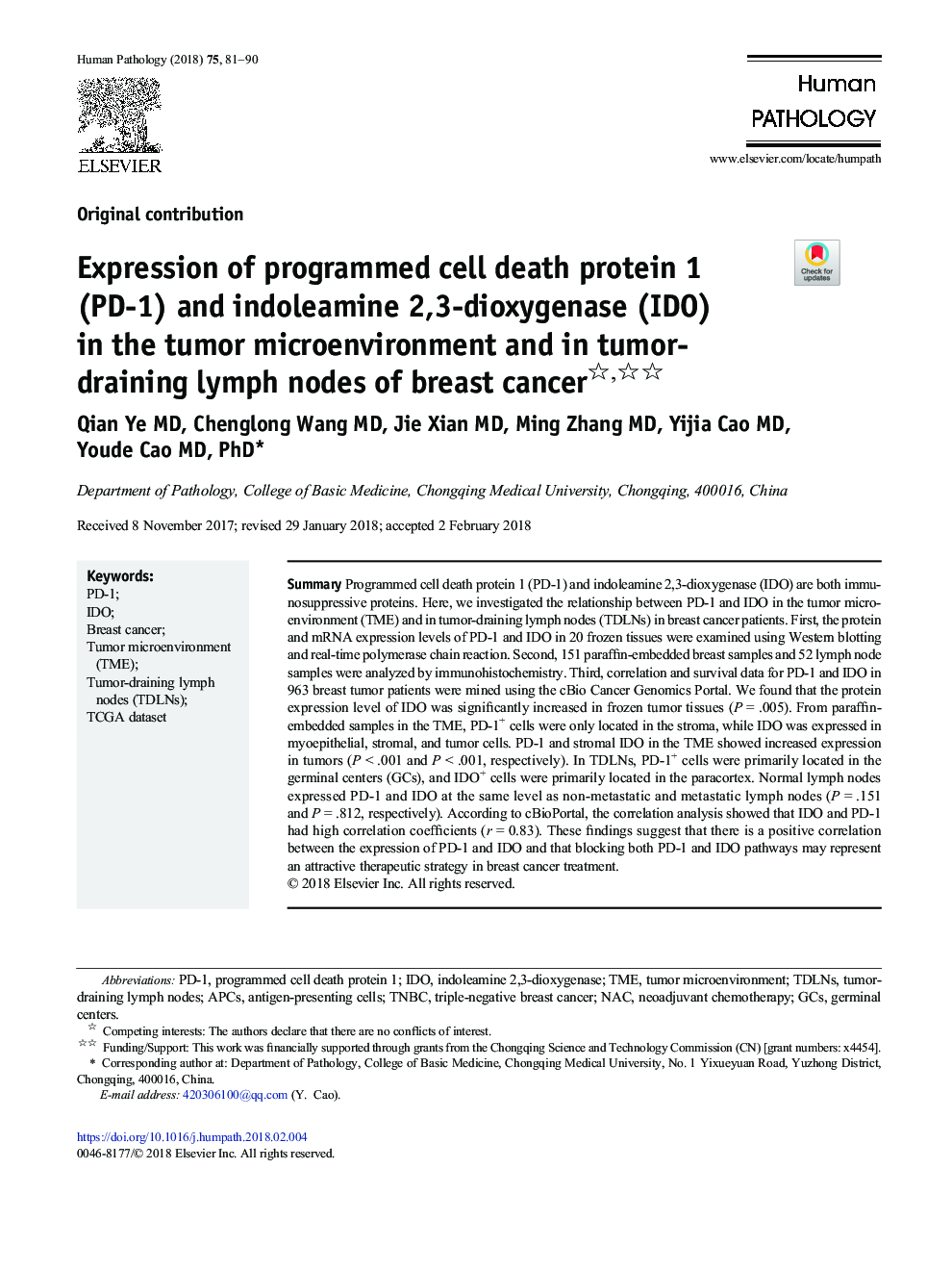 Expression of programmed cell death protein 1 (PD-1) and indoleamine 2,3-dioxygenase (IDO) in the tumor microenvironment and in tumor-draining lymph nodes of breast cancer