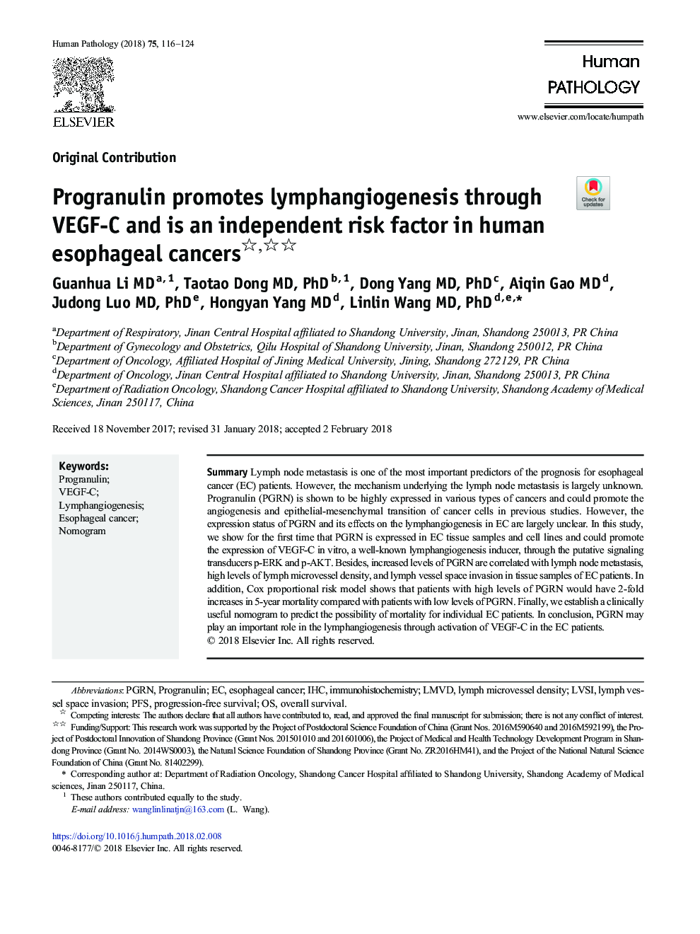 Progranulin promotes lymphangiogenesis through VEGF-C and is an independent risk factor in human esophageal cancers