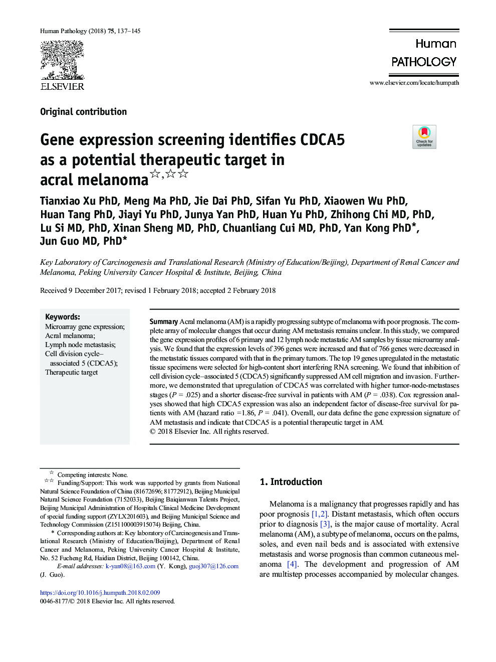 Gene expression screening identifies CDCA5 as a potential therapeutic target in acral melanoma