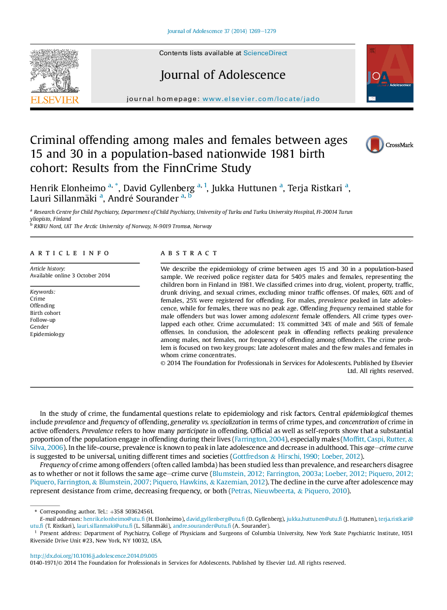 Criminal offending among males and females between ages 15 and 30 in a population-based nationwide 1981 birth cohort: Results from the FinnCrime Study