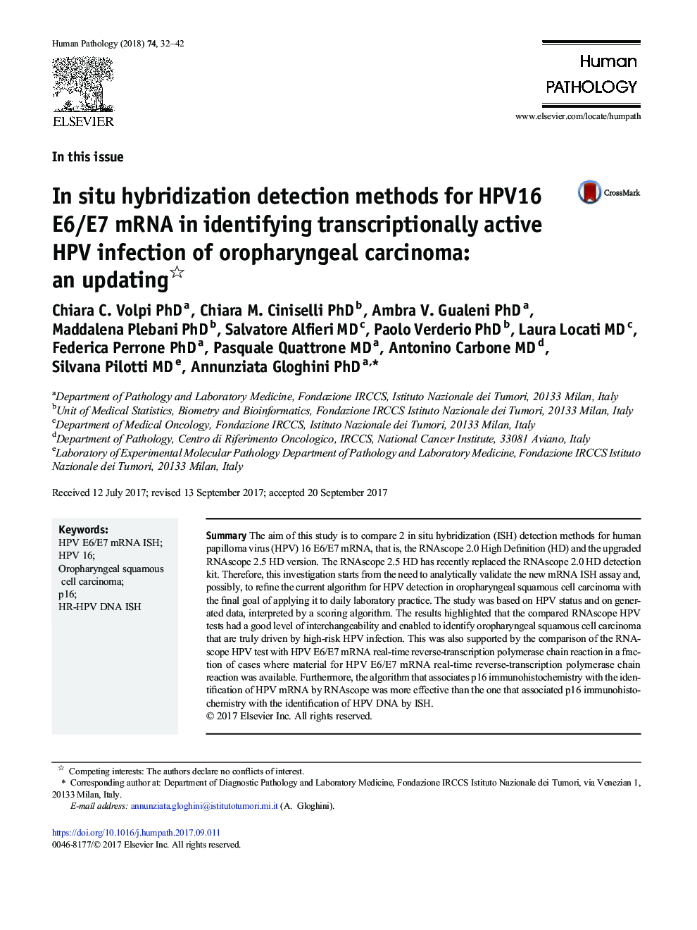 In situ hybridization detection methods for HPV16 E6/E7 mRNA in identifying transcriptionally active HPV infection of oropharyngeal carcinoma: an updating