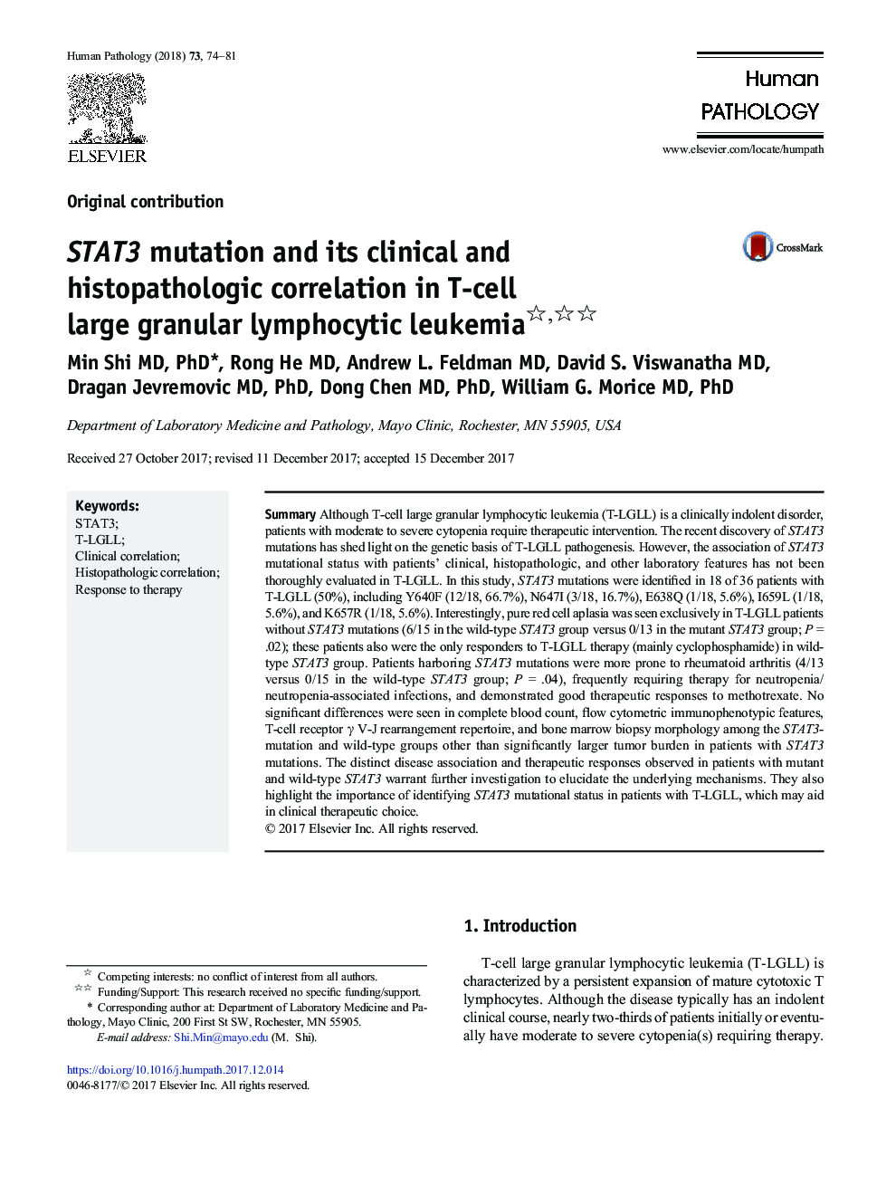 STAT3 mutation and its clinical and histopathologic correlation in T-cell large granular lymphocytic leukemia