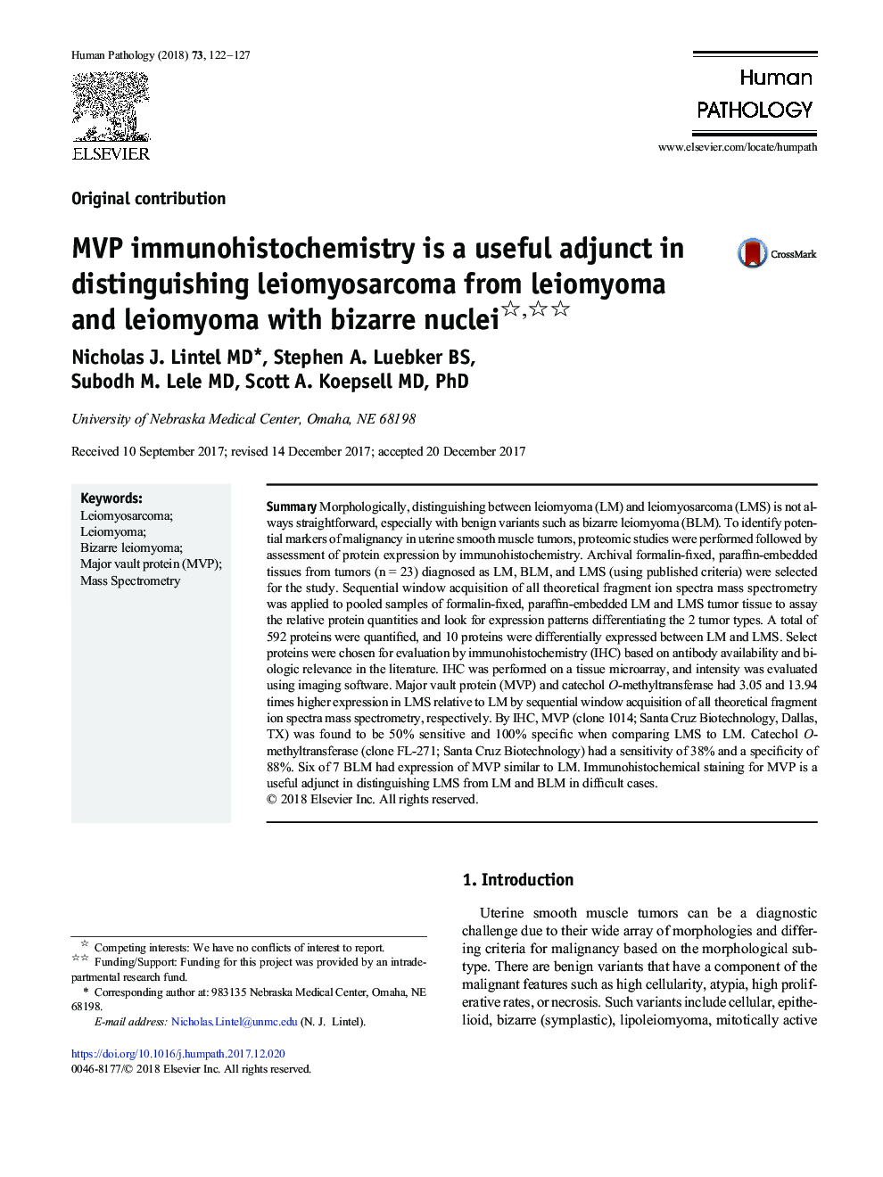 MVP immunohistochemistry is a useful adjunct in distinguishing leiomyosarcoma from leiomyoma and leiomyoma with bizarre nuclei