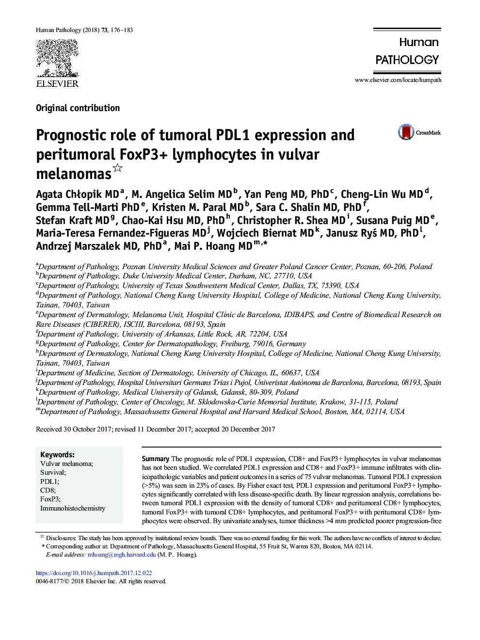 Prognostic role of tumoral PDL1 expression and peritumoral FoxP3+ lymphocytes in vulvar melanomas