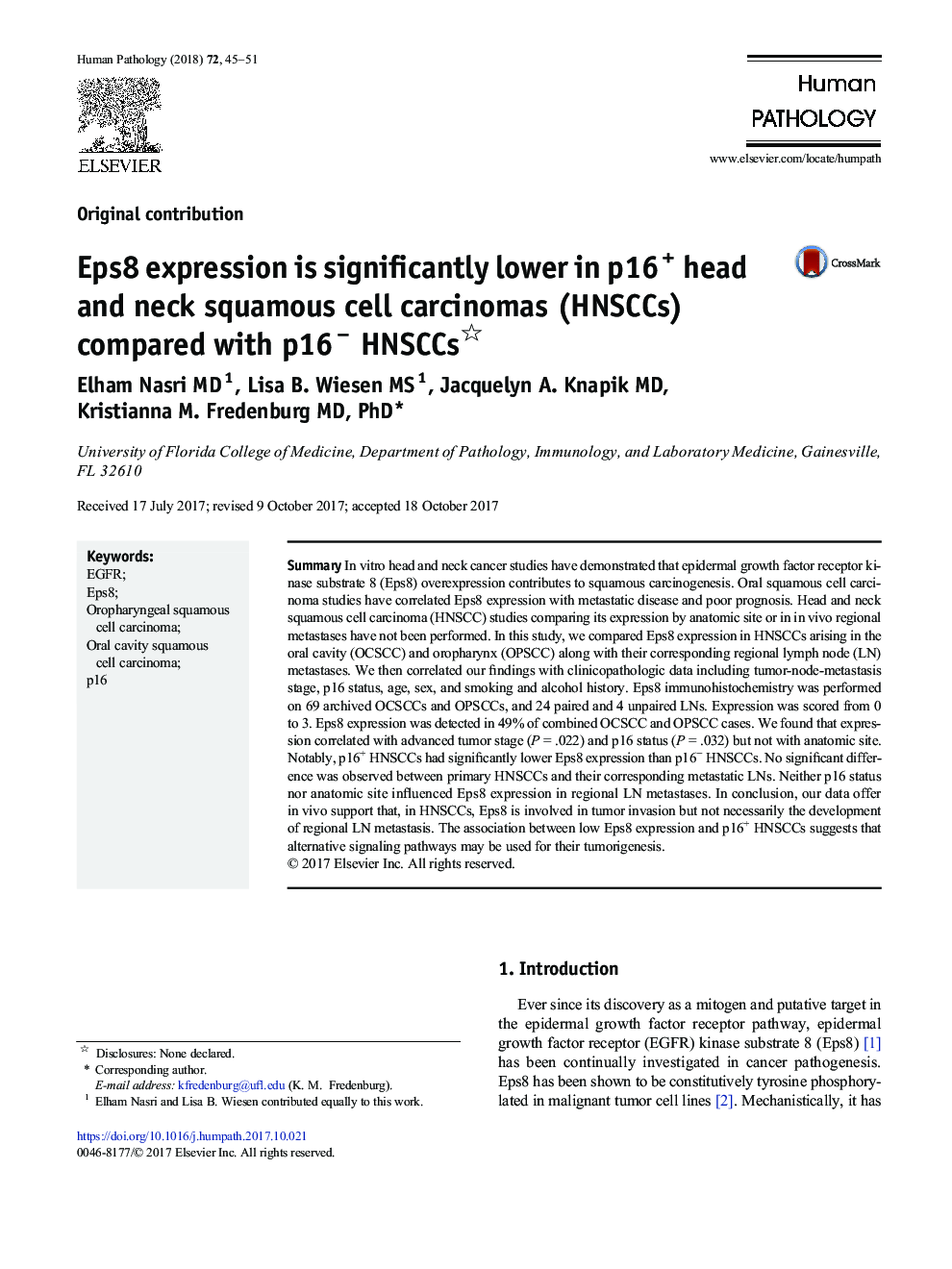 Eps8 expression is significantly lower in p16+ head and neck squamous cell carcinomas (HNSCCs) compared with p16â HNSCCs