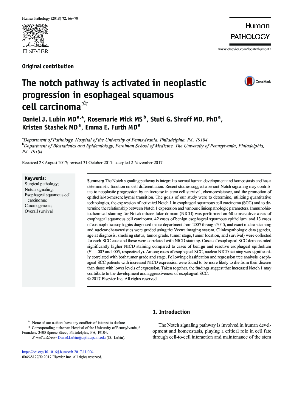 The notch pathway is activated in neoplastic progression in esophageal squamous cell carcinoma