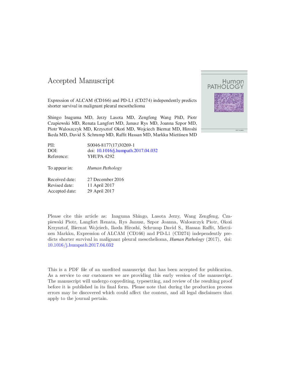 Expression of ALCAM (CD166) and PD-L1 (CD274) independently predicts shorter survival in malignant pleural mesothelioma