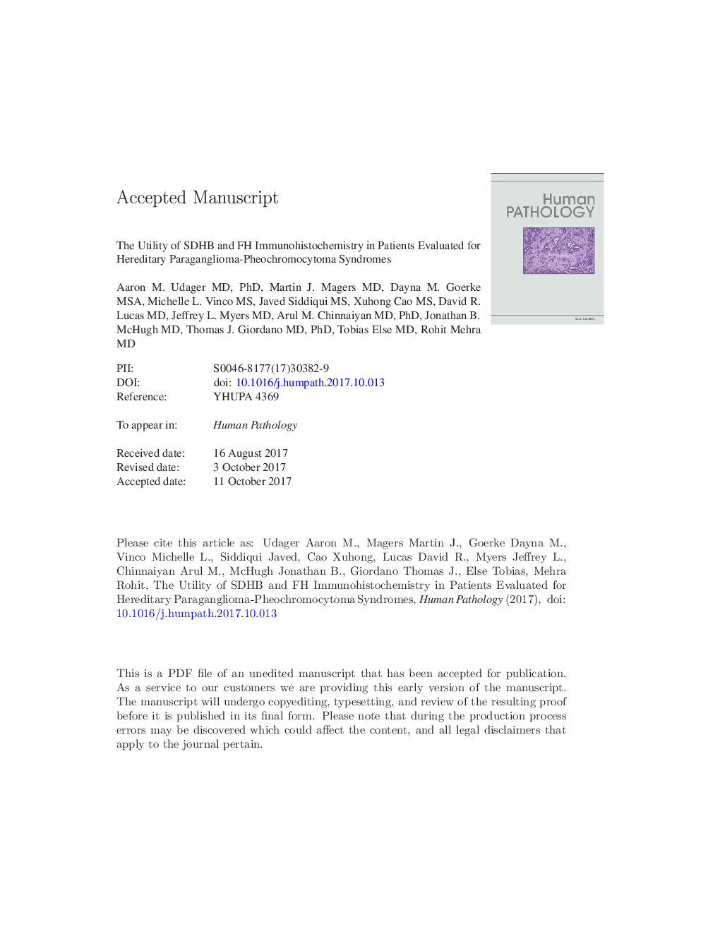 The utility of SDHB and FH immunohistochemistry in patients evaluated for hereditary paraganglioma-pheochromocytoma syndromes