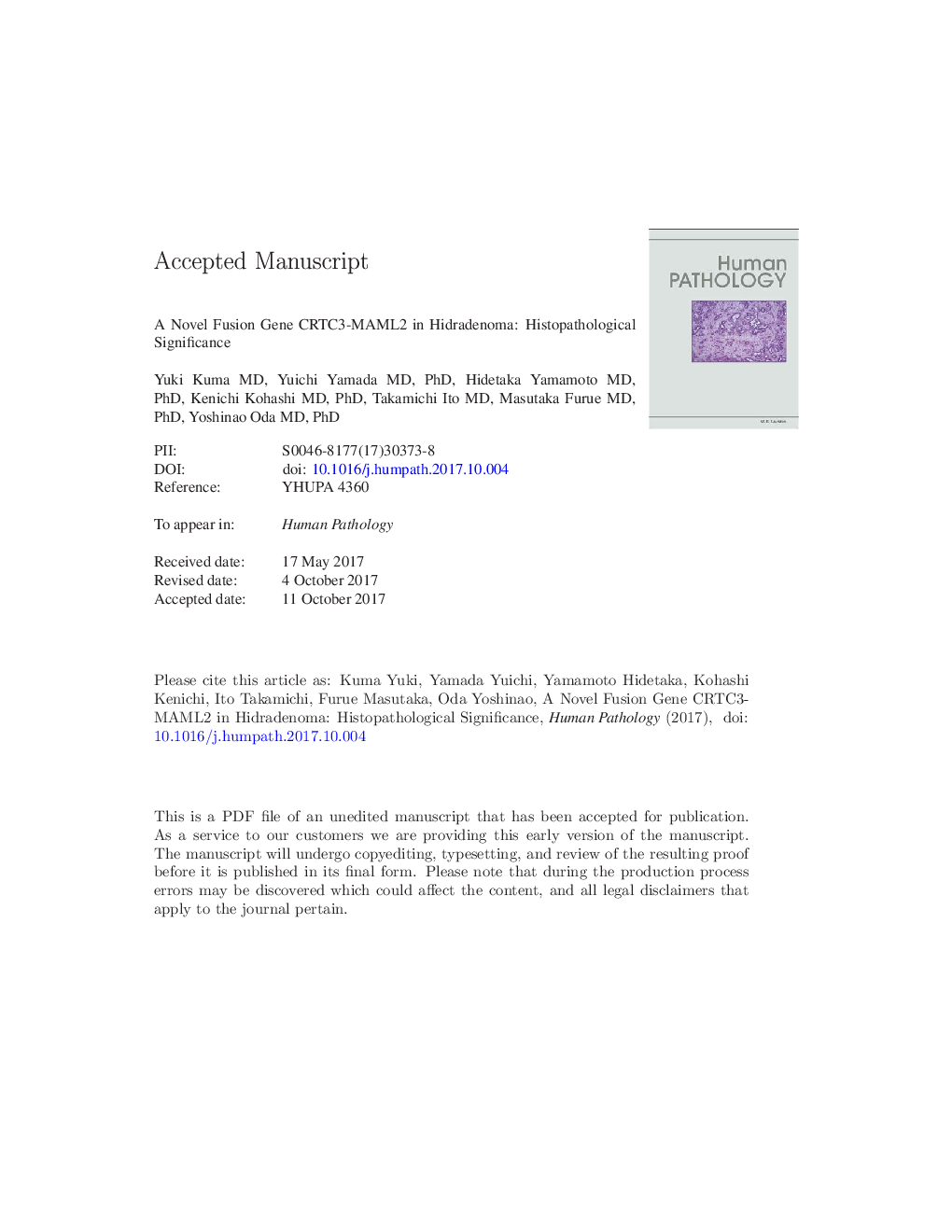 A novel fusion gene CRTC3-MAML2 in hidradenoma: histopathological significance