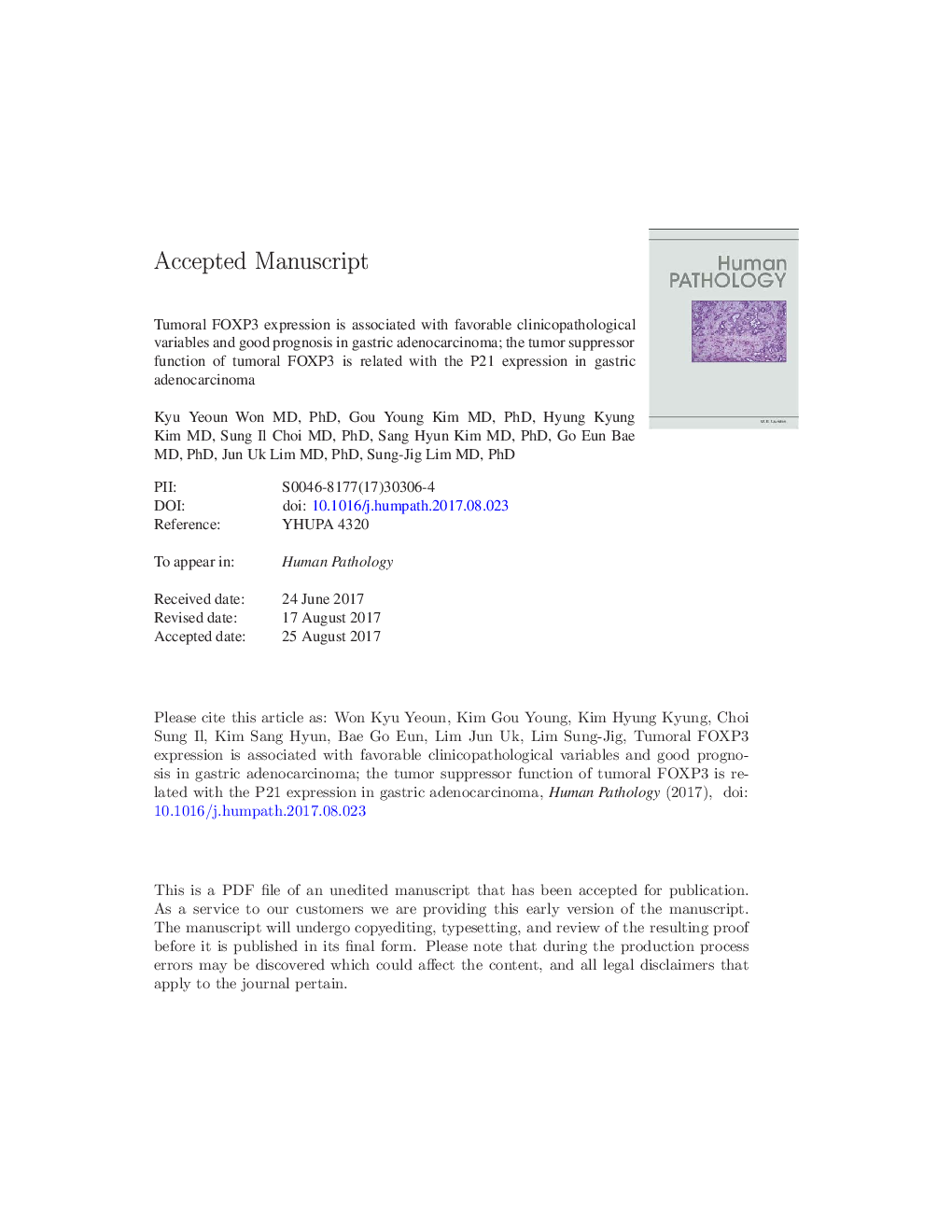 Tumoral FOXP3 expression is associated with favorable clinicopathological variables and good prognosis in gastric adenocarcinoma: the tumor suppressor function of tumoral FOXP3 is related with the P21 expression in gastric adenocarcinoma