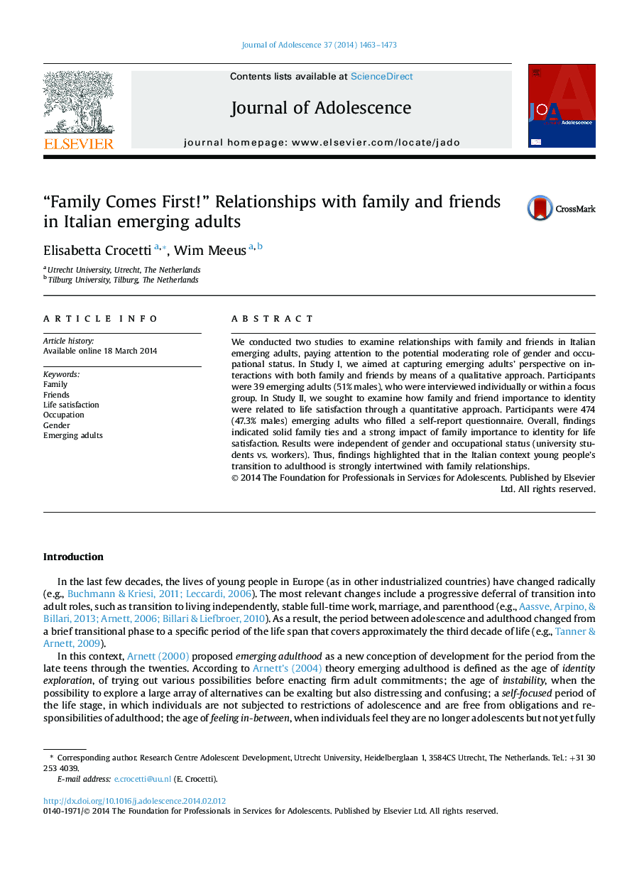 “Family Comes First!” Relationships with family and friends in Italian emerging adults