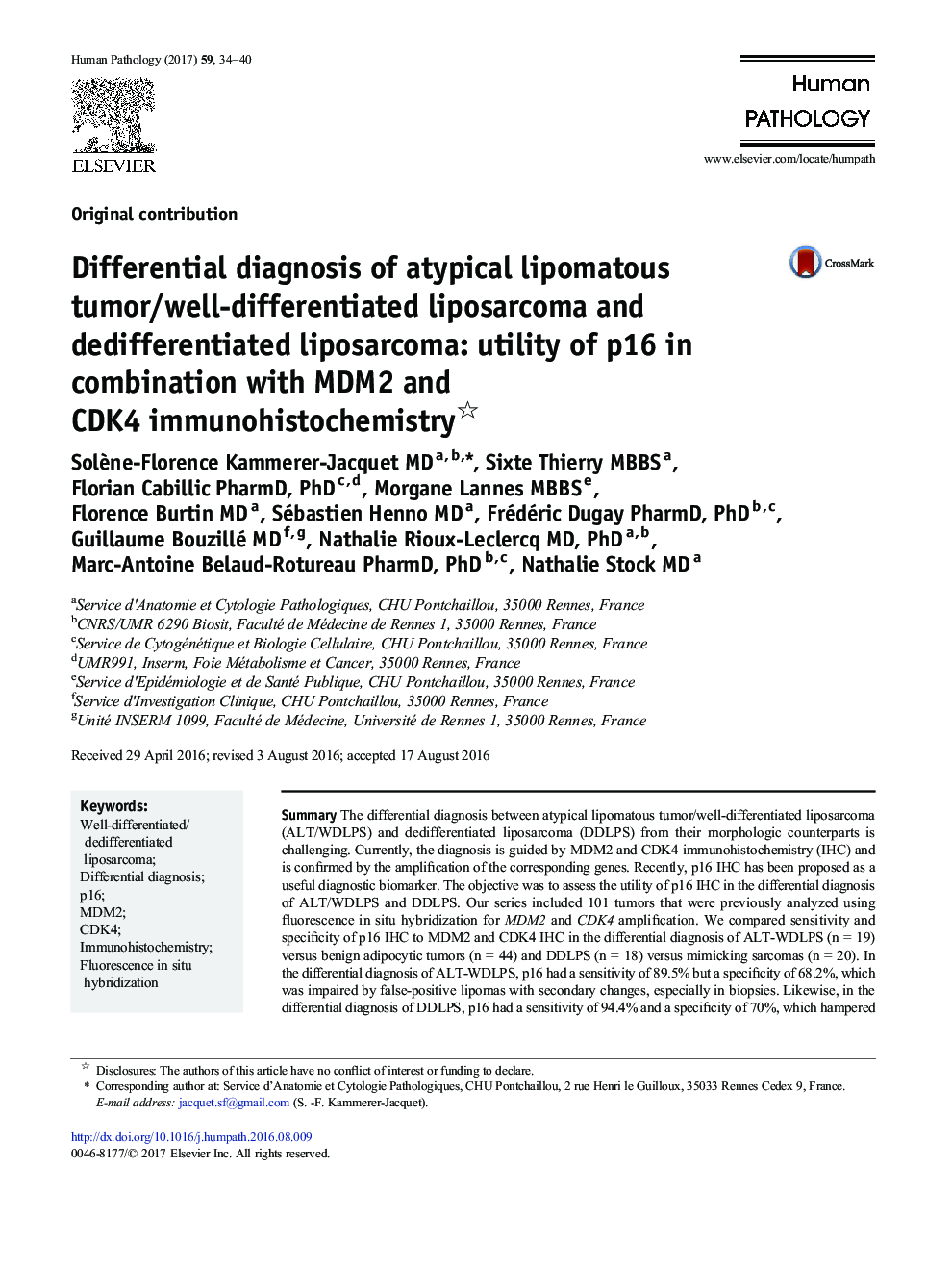 Differential diagnosis of atypical lipomatous tumor/well-differentiated liposarcoma and dedifferentiated liposarcoma: utility of p16 in combination with MDM2 and CDK4 immunohistochemistry