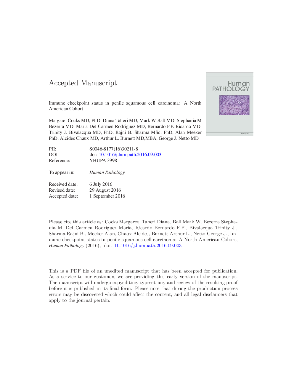 Immune-checkpoint status in penile squamous cell carcinoma: a North American cohort