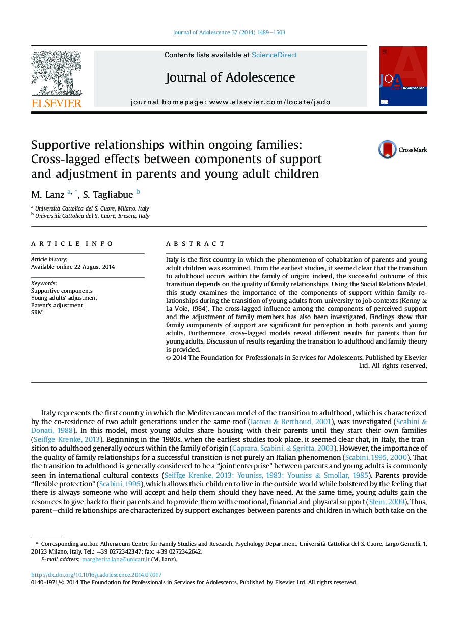 Supportive relationships within ongoing families: Cross-lagged effects between components of support and adjustment in parents and young adult children