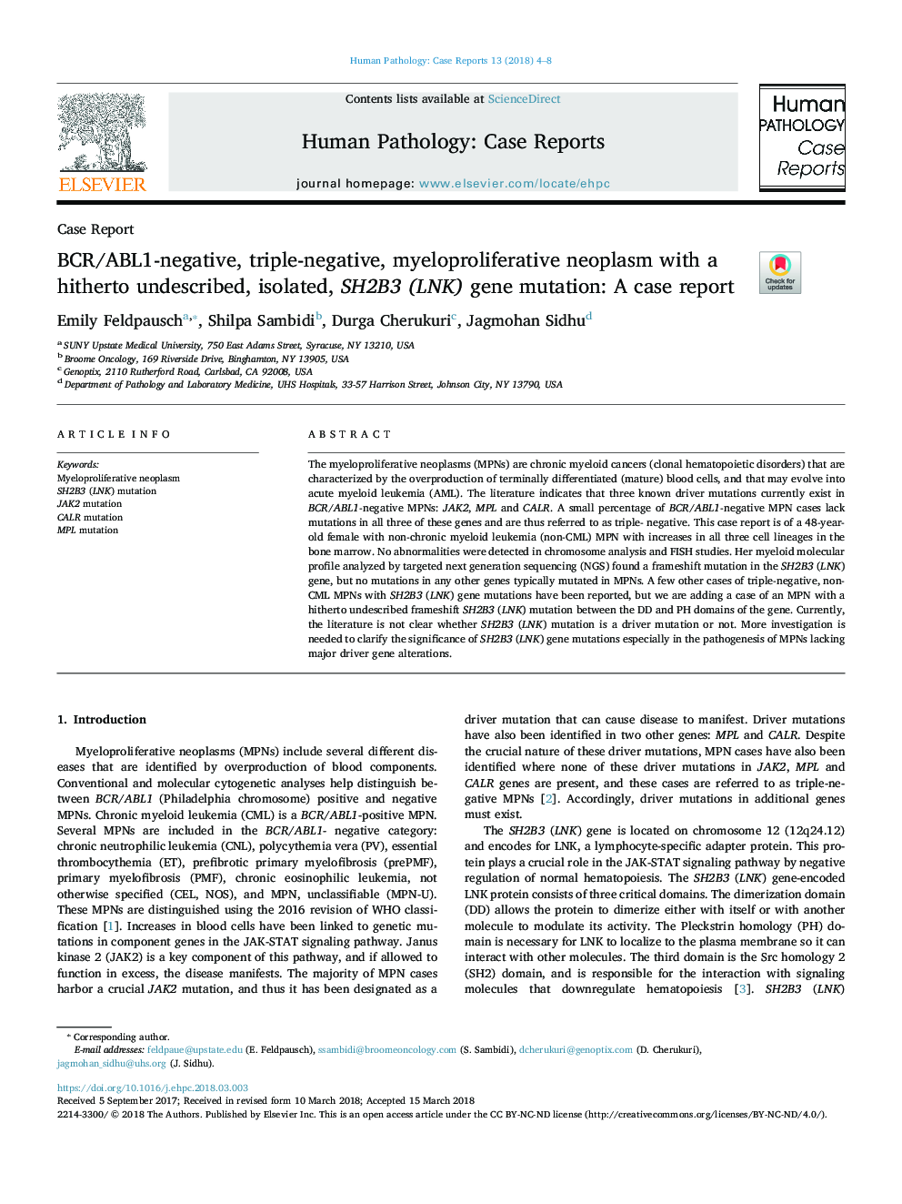 BCR/ABL1-negative, triple-negative, myeloproliferative neoplasm with a hitherto undescribed, isolated, SH2B3 (LNK) gene mutation: A case report