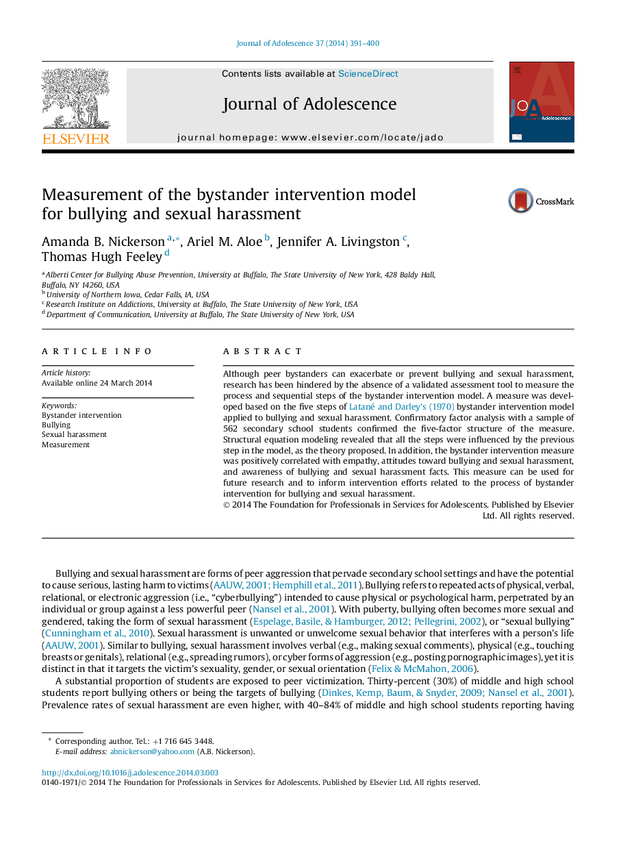 Measurement of the bystander intervention model for bullying and sexual harassment