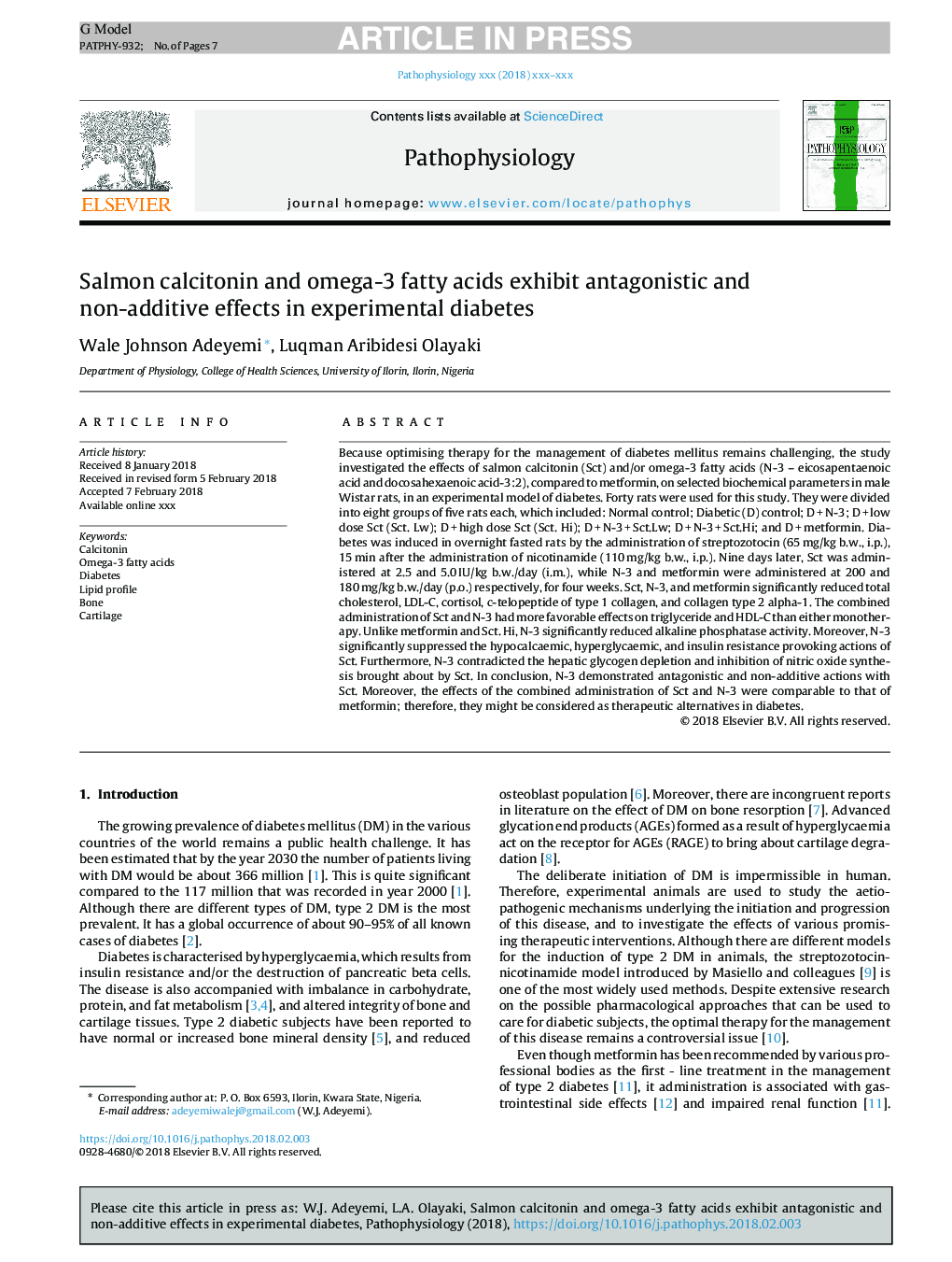 Calcitonin and Omega-3 Fatty Acids Exhibit Antagonistic and Non-Additive Effects in Experimental Diabetes