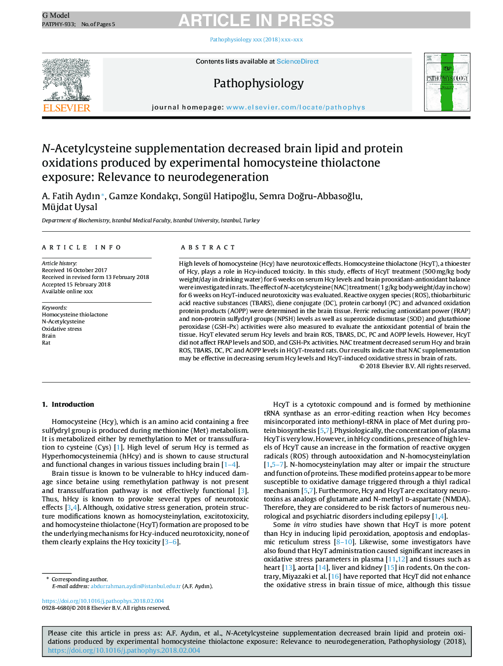 N-Acetylcysteine supplementation decreased brain lipid and protein oxidations produced by experimental homocysteine thiolactone exposure: Relevance to neurodegeneration