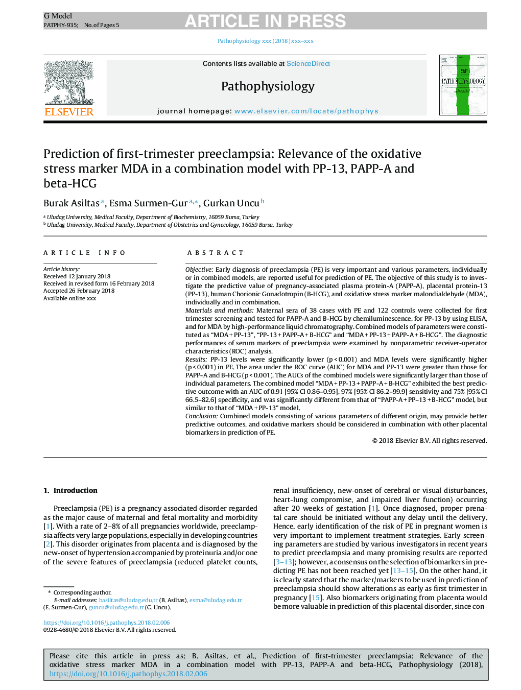 Prediction of first-trimester preeclampsia: Relevance of the oxidative stress marker MDA in a combination model with PP-13, PAPP-A and beta-HCG