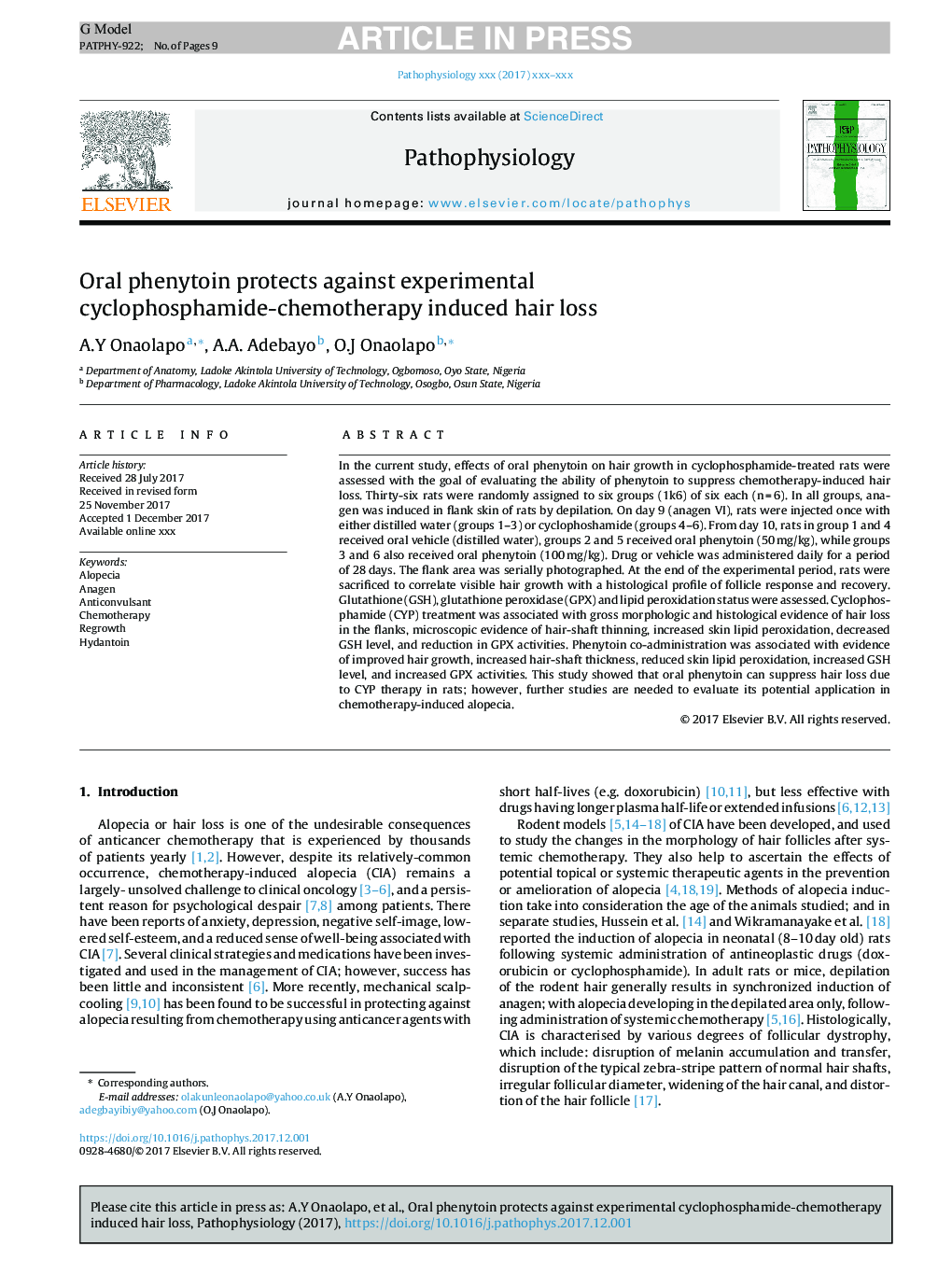 Oral phenytoin protects against experimental cyclophosphamide-chemotherapy induced hair loss