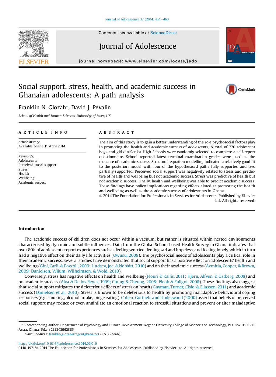 Social support, stress, health, and academic success in Ghanaian adolescents: A path analysis