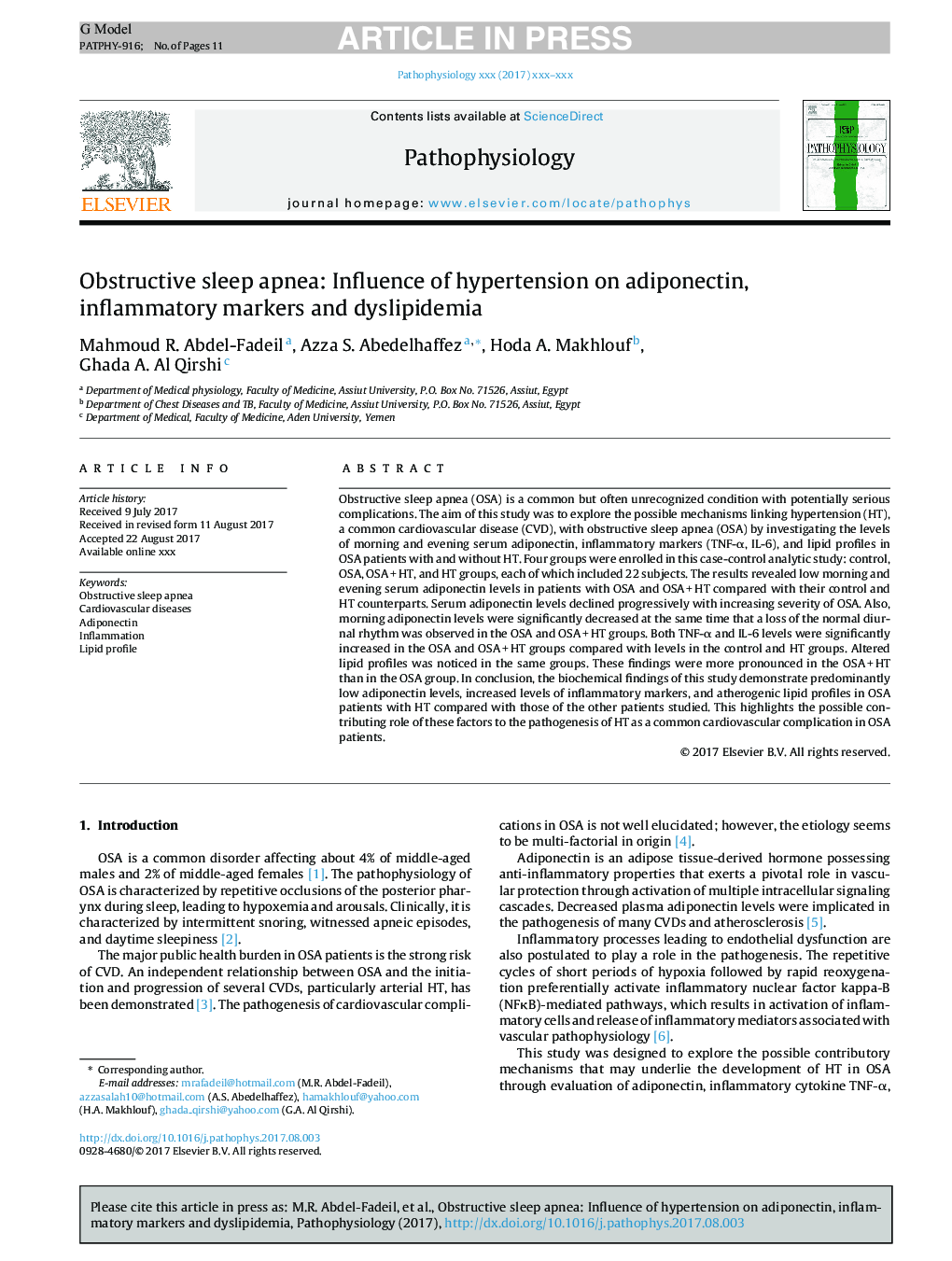 Obstructive sleep apnea: Influence of hypertension on adiponectin, inflammatory markers and dyslipidemia