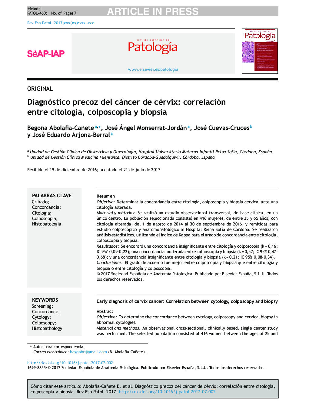 Diagnóstico precoz del cáncer de cérvix: correlación entre citologÃ­a, colposcopia y biopsia