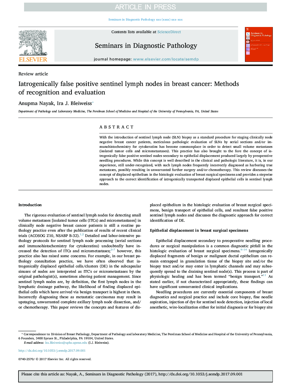 Iatrogenically false positive sentinel lymph nodes in breast cancer: Methods of recognition and evaluation