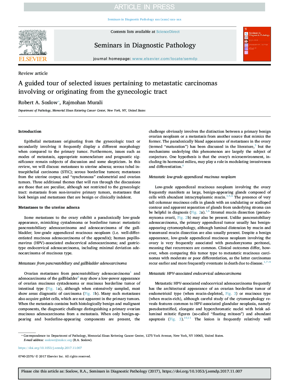 A guided tour of selected issues pertaining to metastatic carcinomas involving or originating from the gynecologic tract