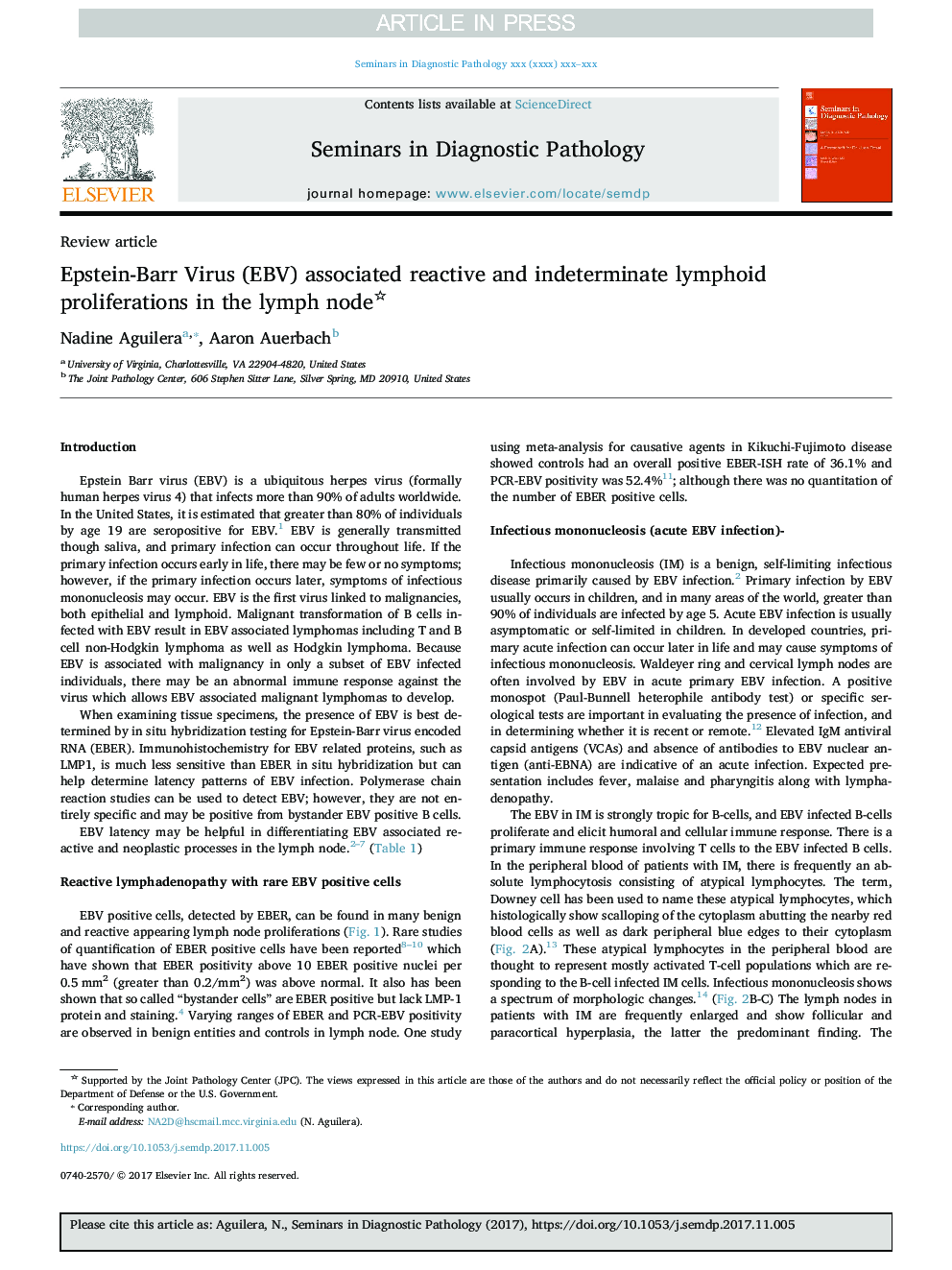 Epstein-Barr Virus (EBV) associated reactive and indeterminate lymphoid proliferations in the lymph node