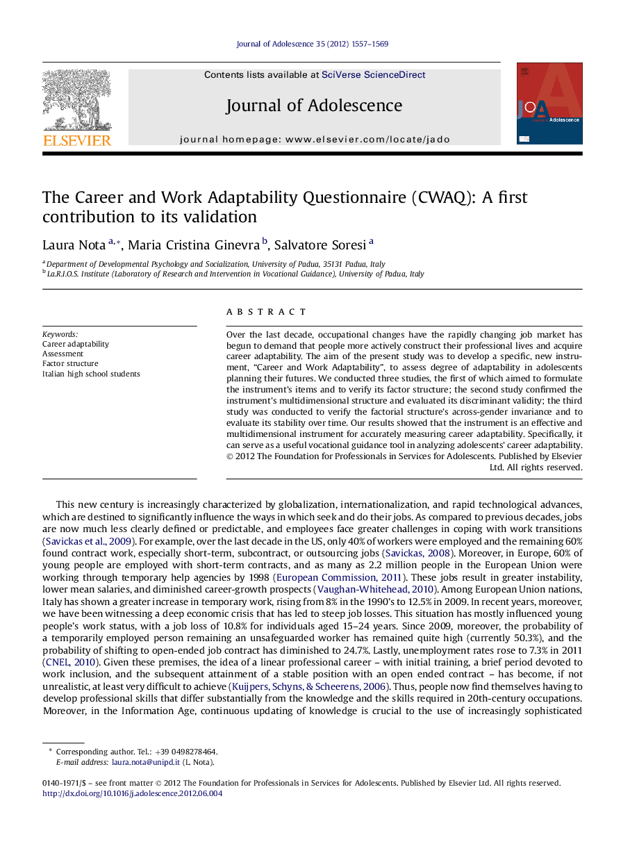 The Career and Work Adaptability Questionnaire (CWAQ): A first contribution to its validation