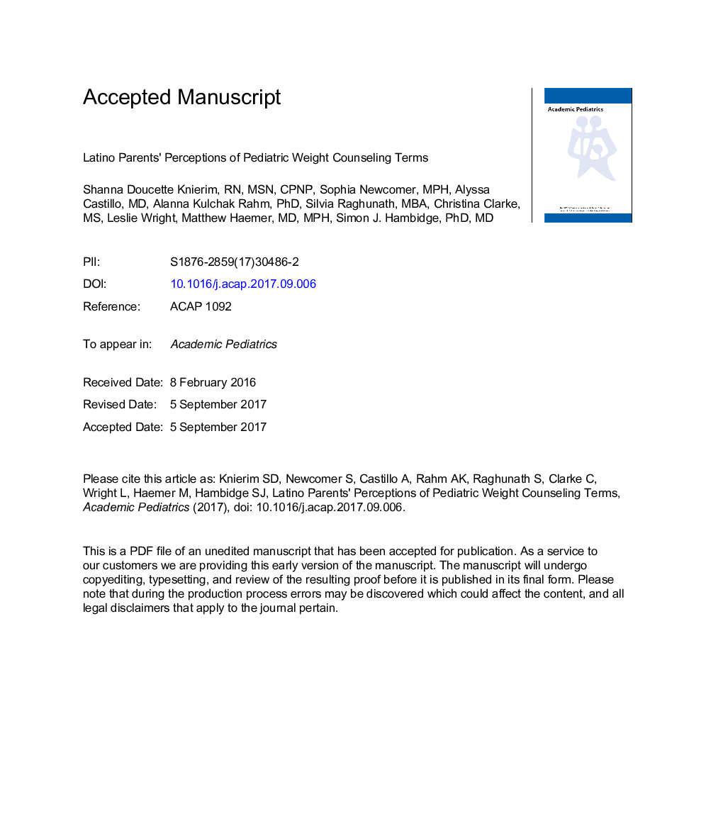 Latino Parents' Perceptions of Pediatric Weight Counseling Terms