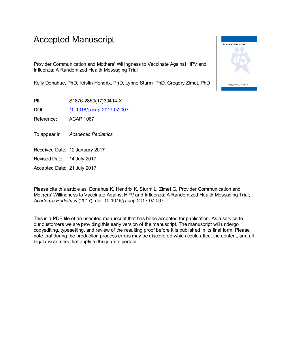 Provider Communication and Mothers' Willingness to Vaccinate Against Human Papillomavirus and Influenza: A Randomized Health Messaging Trial