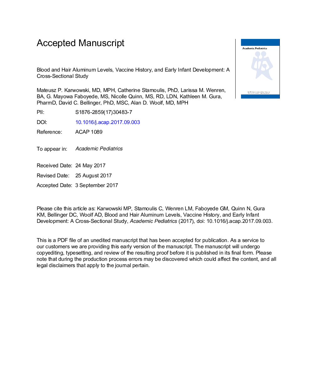 Blood and Hair Aluminum Levels, Vaccine History, and Early Infant Development: A Cross-Sectional Study