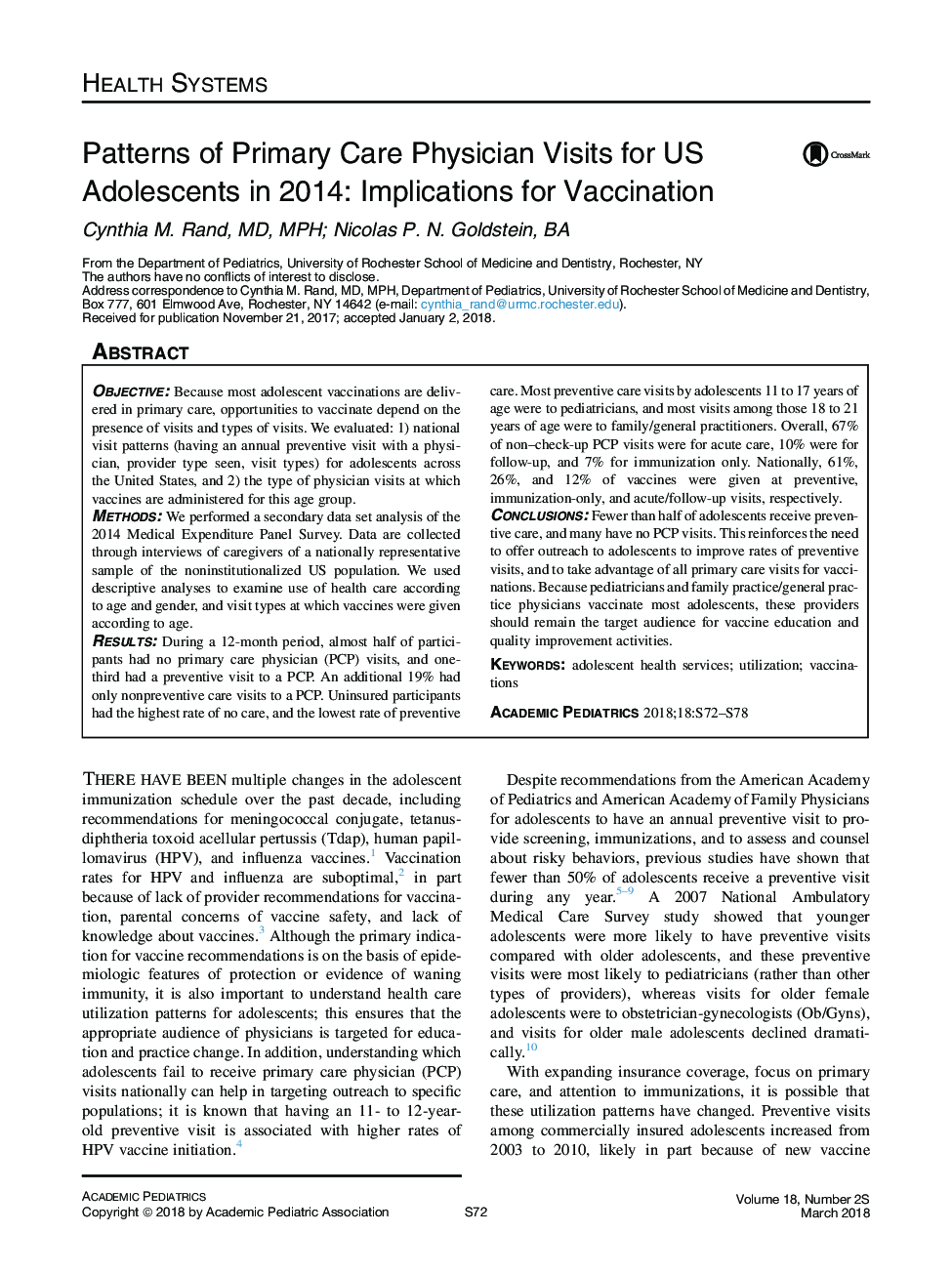 الگوهای مراقبت های اولیه مراقبت از نوجوانان ایالات متحده در سال 2014: پیامدهای واکسیناسیون 