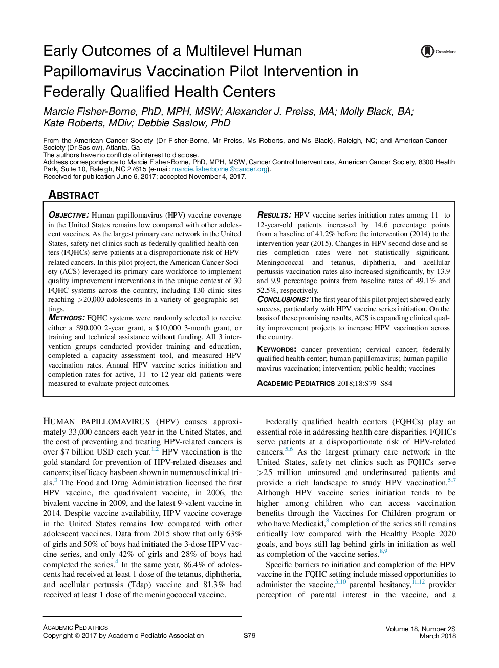 نتایج اولیه نتایج یک مداخله خلقی واکسیناسیون پاپیلومای انسانی چندسطحی در مراکز بهداشتی فدرال 