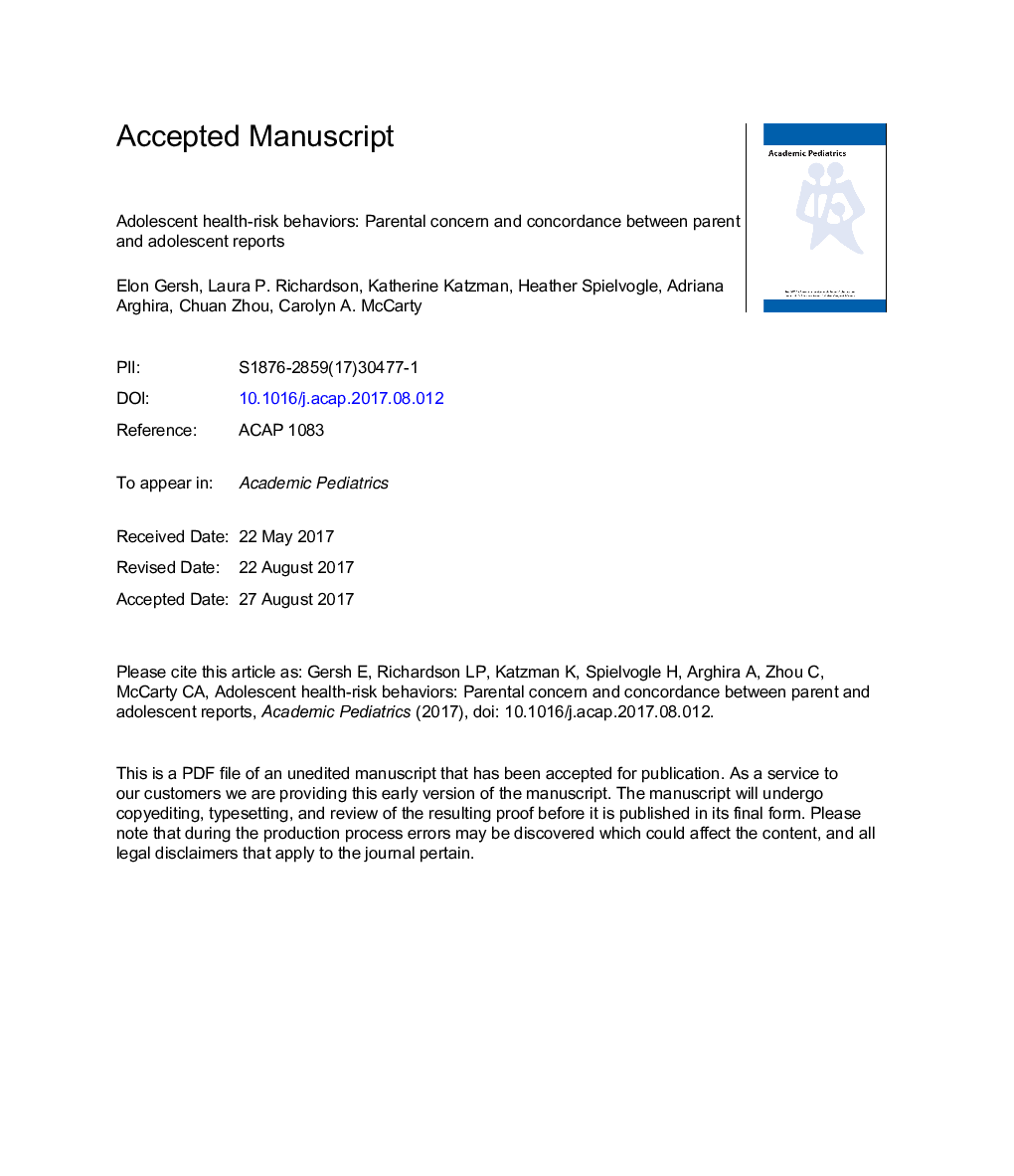 Adolescent Health Risk Behaviors: Parental Concern and Concordance Between Parent and Adolescent Reports