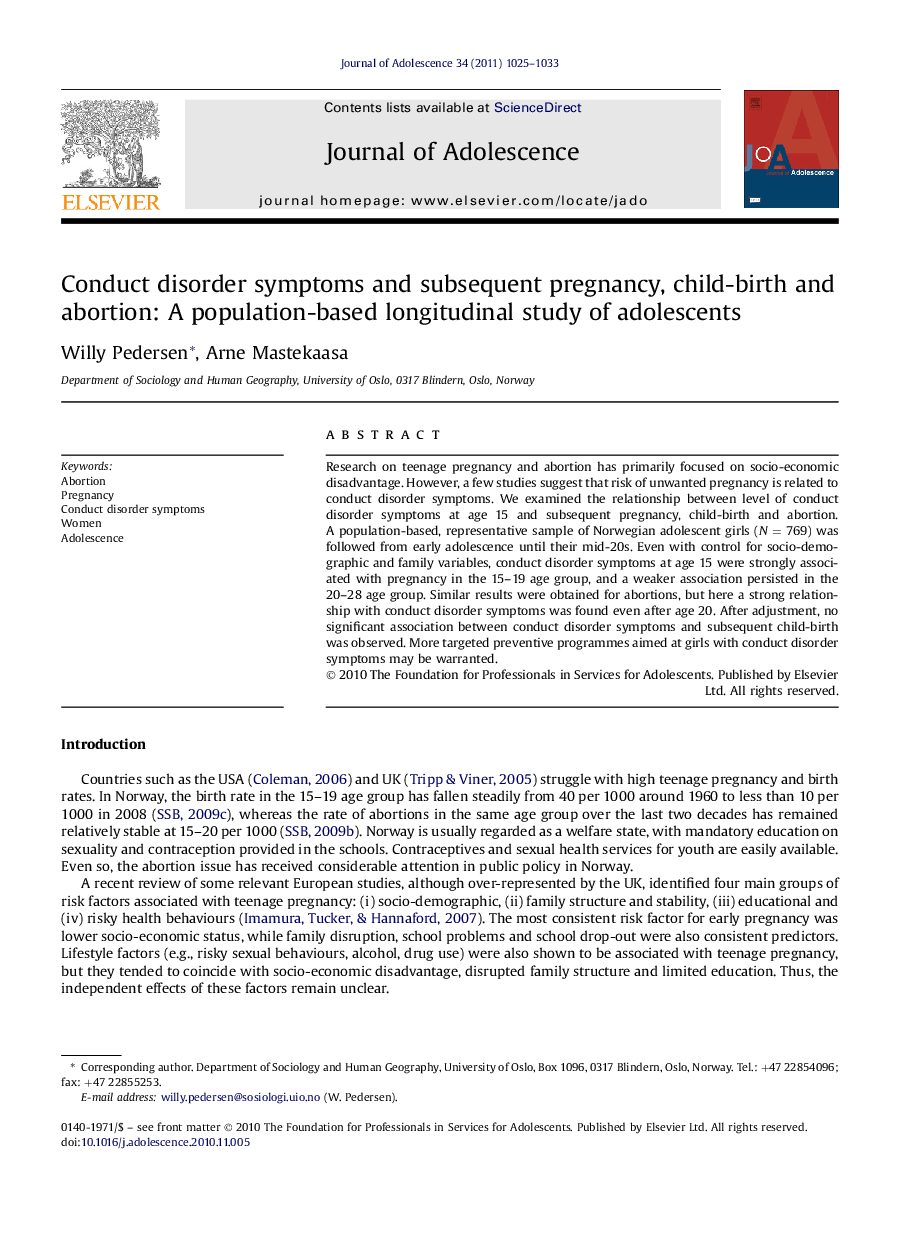 Conduct disorder symptoms and subsequent pregnancy, child-birth and abortion: A population-based longitudinal study of adolescents