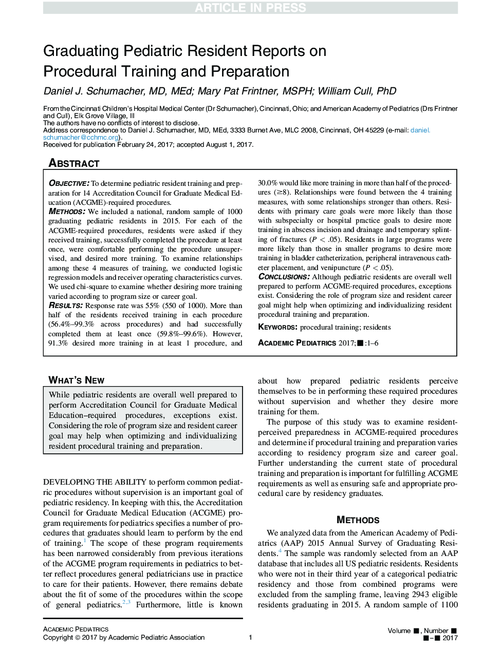 Graduating Pediatric Resident Reports on Procedural Training and Preparation