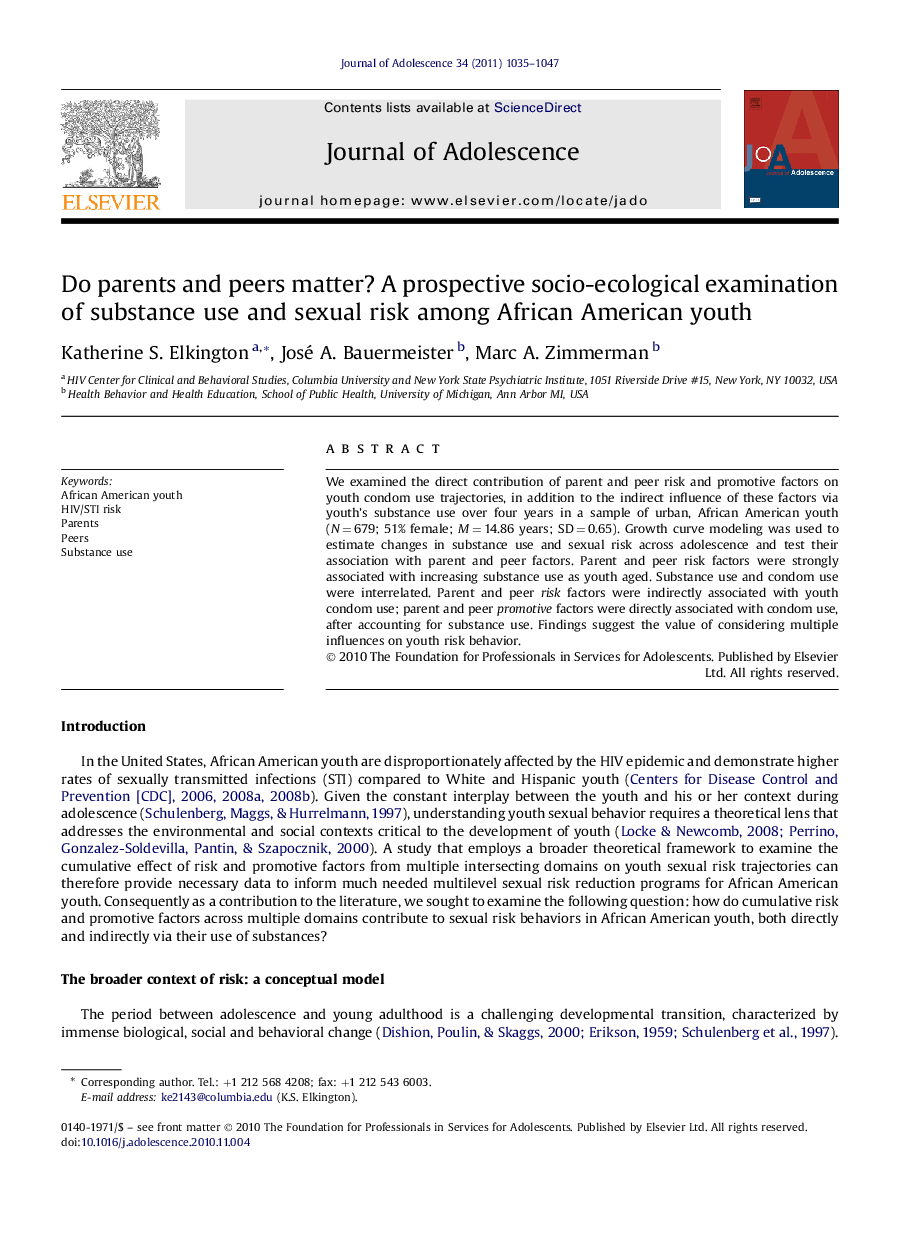 Do parents and peers matter? A prospective socio-ecological examination of substance use and sexual risk among African American youth